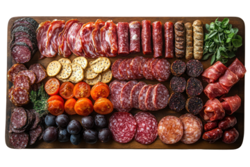 A beautifully arranged meat and cheese platter with various types of salami, dried fruits, and herbs on a wooden board.
