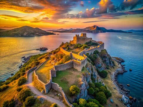 Sunset over Myrina Castle, Lemnos Island, Greece: Aerial View of Byzantine Medieval Fortress