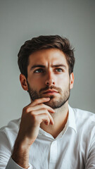 man in a shirt facing the camera, thinking over difficult task, neutral light