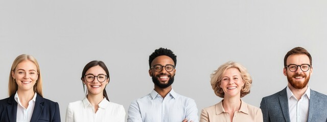Diverse Group of Professionals Smiling Together Against Gray Background