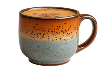 A beautifully designed ceramic coffee mug featuring a brown and blue gradient and speckled texture, isolated on white background.