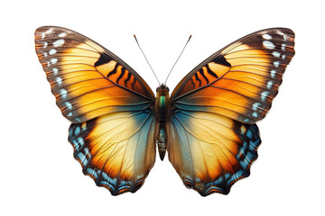 Naklejka premium A beautifully detailed butterfly with vibrant orange and blue wings, isolated on a white background, showcasing its intricate patterns and colors.