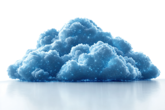 A beautifully textured blue cloud with sparkling elements, isolated on a white background, perfect for illustrating atmospheric concepts.