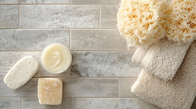 Spa and hygiene products arranged on a modern tiled background