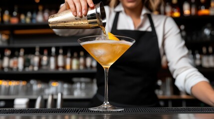 Skilled Bartender Expertly Pouring Colorful Cocktail into Glass with Style