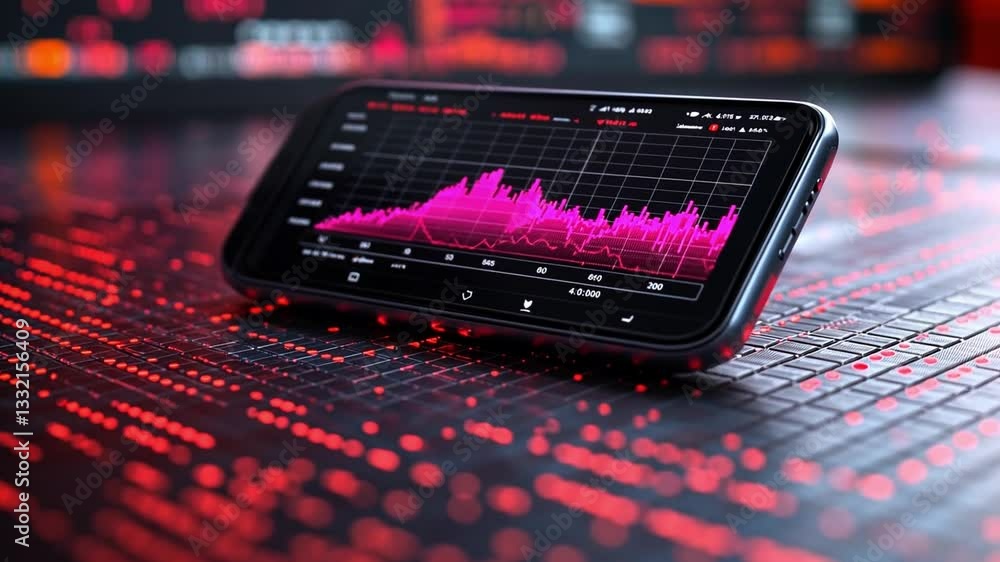 Poster smartphone displaying data visualization on vibrant background with red dots during nighttime hours