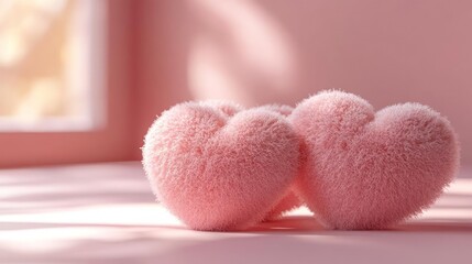 Two fuzzy pink hearts on a pink background.