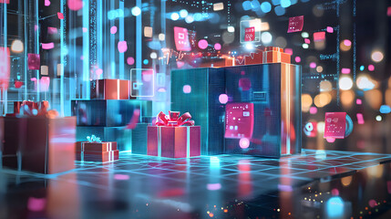 Fototapeta premium Holographic product sales launch digital marketplace photostock virtual environment interactive viewpoint innovative marketing