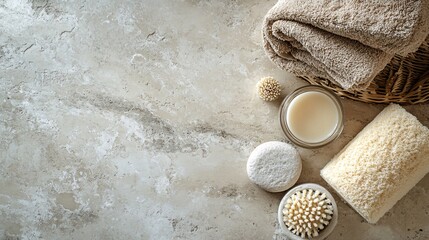 An overhead shot shows spa objects on a textured surface