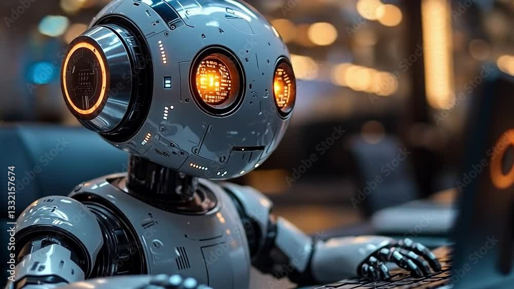 Poster a futuristic robot working intently on a computer keyboard in a modern tech workspace
