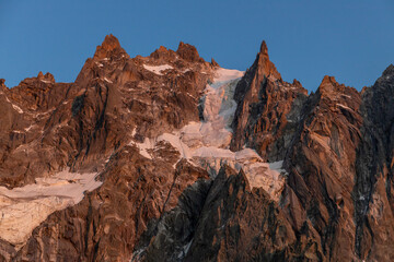 Aiguilles de Chamonix rocky granite mountain peaks in french Alps around Mont Blanc summit in...