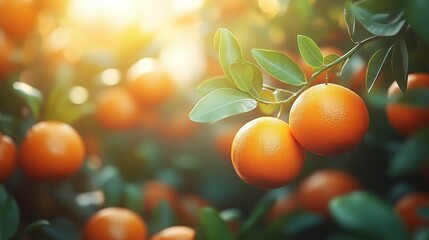 Ripe oranges on a tree branch, sunlight