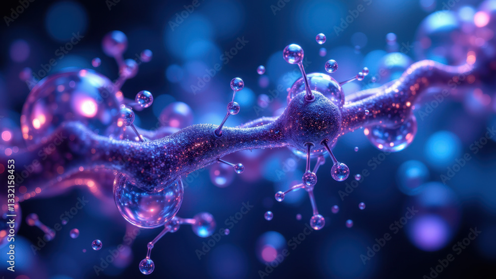 Poster stunning microscopic view of a molecule with water droplets encapsulated within its structure, evoki