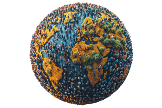 A creative representation of Earth filled with diverse crowds, symbolizing unity and interconnectedness, set against a white isolated background.