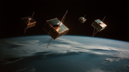 Satellites orbiting Earth, space exploration, futuristic technology, clouds visible below