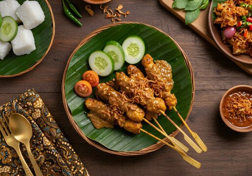 A beautifully plated Indonesian sate ayam with peanut sauce, ketupat, cucumber, and fried shallots, served on a banana leaf for an authentic culinary experience.