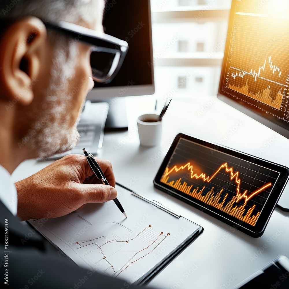 Poster professional financial advisor in suit analyzing stock index funds while writing on paper at desk