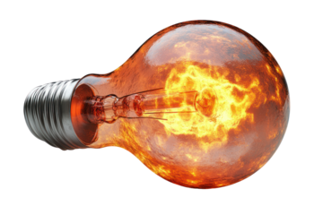 A glowing light bulb with flames inside, representing innovative ideas, creativity, and energy, isolated on a white background.
