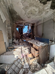 destroyed and burned houses in the city in Ukraine