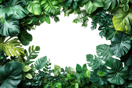 A lush frame of tropical green leaves on a black background, perfect for design and nature-themed projects.