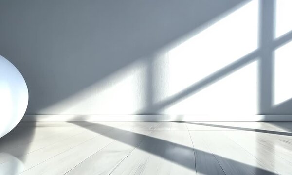 Modern interior empty room with bright sunlight creating abstract shadows on wall and wood floor