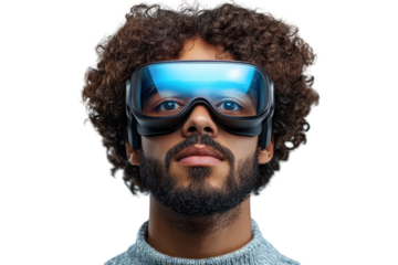 A person wearing futuristic VR goggles, showcasing advanced technology and innovation in virtual reality.