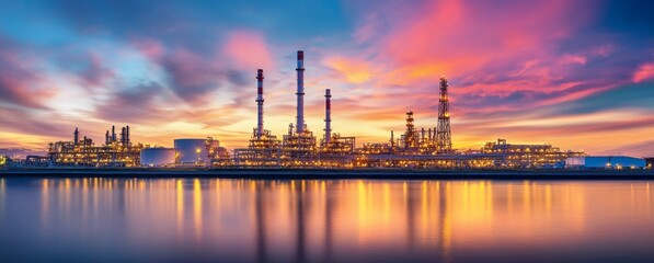 Naklejka premium Oil refinery industrial plant at night