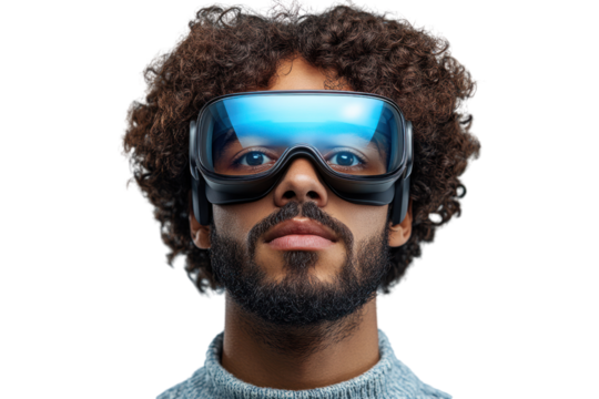A person wearing futuristic VR goggles, showcasing advanced technology and innovation in virtual reality.
