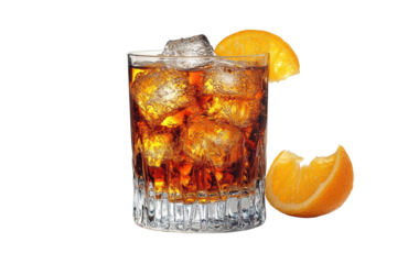 A refreshing drink served in a clear glass, filled with ice cubes and a dark beverage, complemented with orange wedges placed beside it.