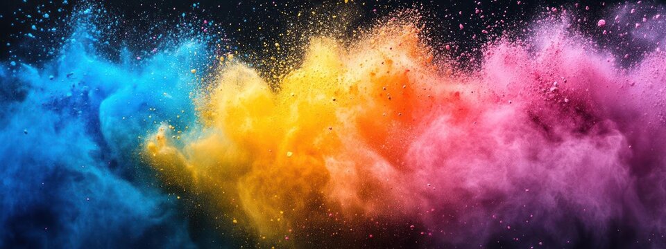 A colorful dust explosion with a mix of blue, yellow, red, and purple hues