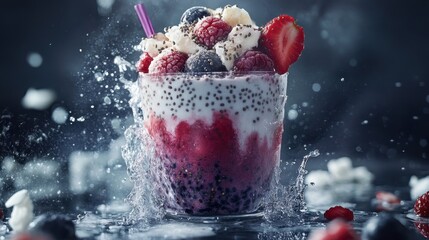 Colorful smoothie bursting with berries in an artistic display at a modern café