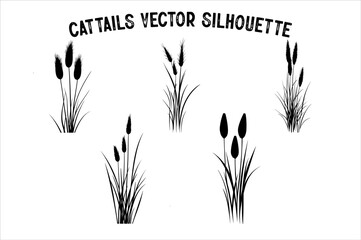 Cattails Black Silhouette bundle. Wild Reed Cattails Black Silhouette set.