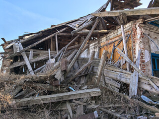 destroyed and burned houses in the city in Ukraine