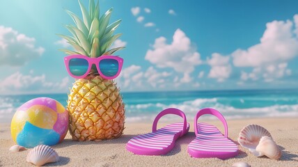 Beach Vacation Essentials with Coconut Drink and Sunglasses, Summer vacation, summer vives, coconut, pineapple, sunglasses, and star fish.
