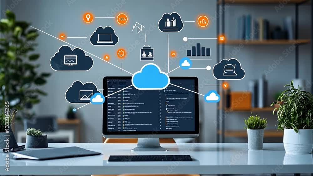 Poster modern workspace showcasing cloud computing concepts with plants and a computer in bright lighting