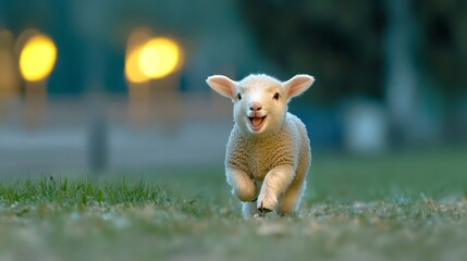 Fototapeta premium Adorable baby lamb running joyfully in a grassy field at dusk.