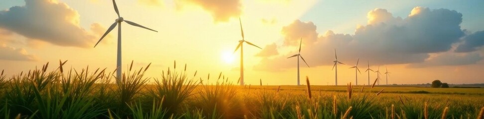 Fototapeta premium Giant wind turbines loom over tall, swaying grass, bathed in soft morning light , energy, dawn
