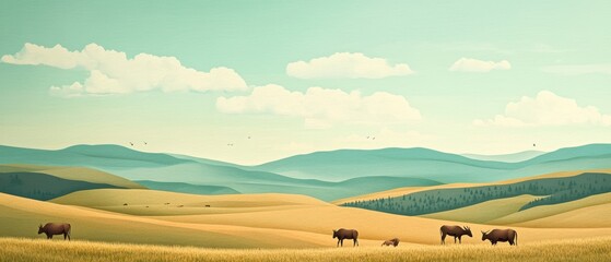 Fototapeta premium Serene Landscape with Grazing Animals in Rolling Green Hills
