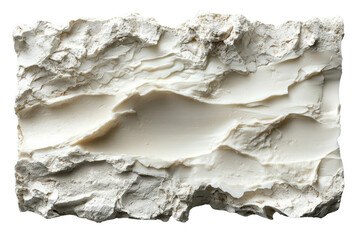 A textured piece of white plaster with rugged edges and a layered appearance, ideal for backgrounds and artistic designs, isolated on white.