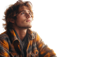 A thoughtful young man gazes upwards, lost in contemplation. His casual plaid shirt adds to the relaxed atmosphere.