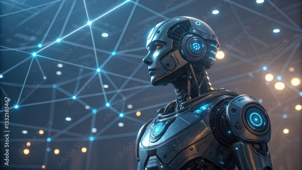Poster a futuristic robot stands amidst a network of blue lights, embodying advanced technology and artific