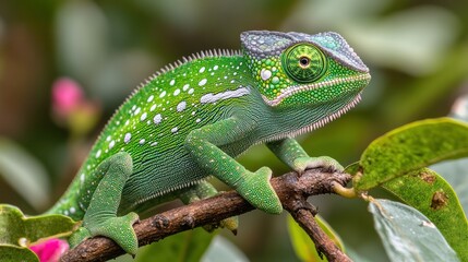 Vibrant green chameleon perched on a branch, showcasing its unique skin texture and color patterns