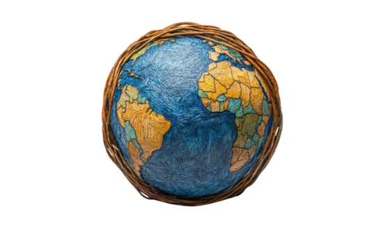 A unique 3D globe made from textured materials, showcasing continents in vibrant colors against a natural backdrop.