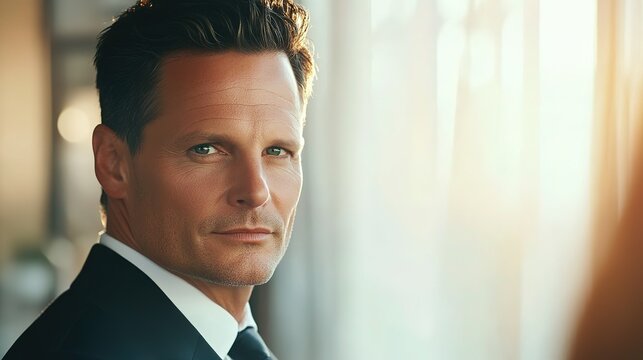 Focused businessman in formal attire, exuding confidence and professionalism in a modern office setting.
