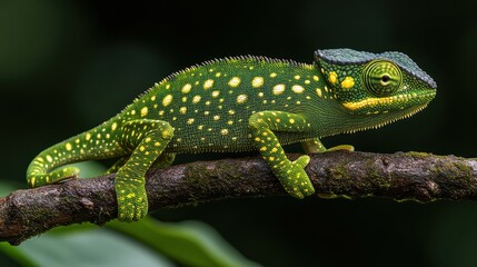 Fototapeta premium Vibrant green chameleon with yellow spots perched on a mossy branch
