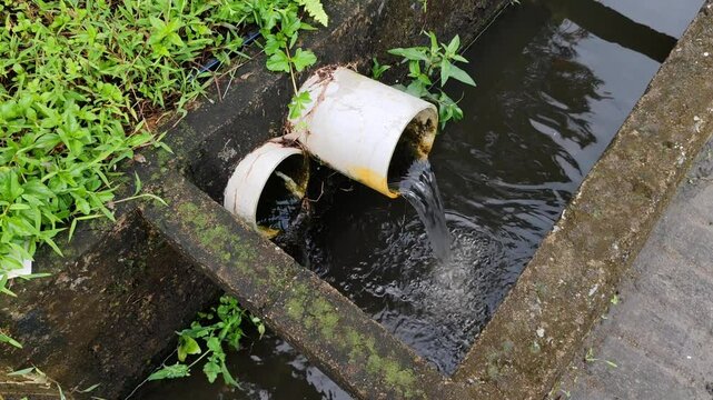 A close-up of a drainpipe that drains clear water out into a sewer, with a cement wall and wild plants in the background.