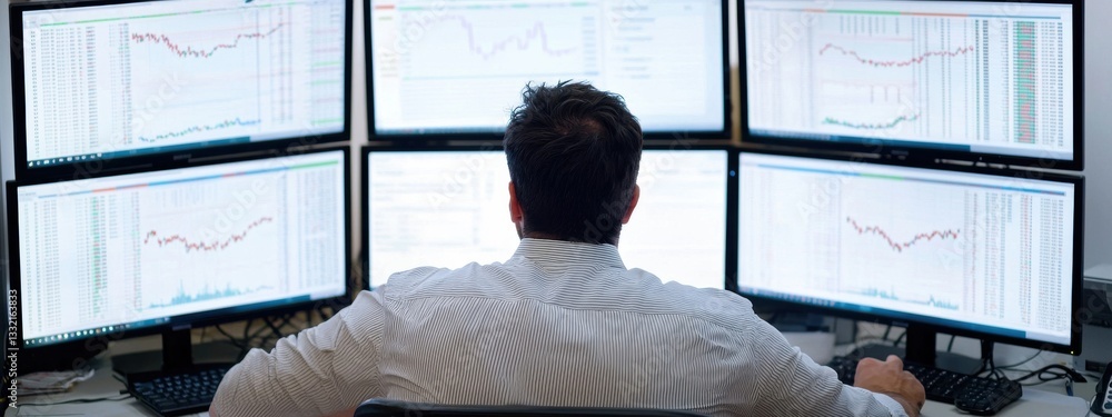 Poster professional trader analyzing market data on multiple computer screens