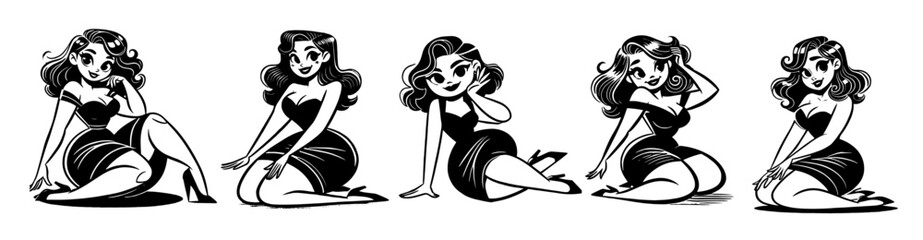 retro pin-up girl poses vector black shape silhouette