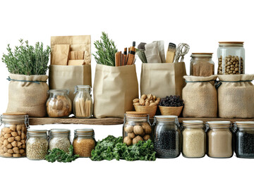 A variety of jars, bags, and herbs arranged on a wooden shelf for food storage and organization.