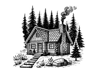 cozy log cabin in forest vector black shape silhouette